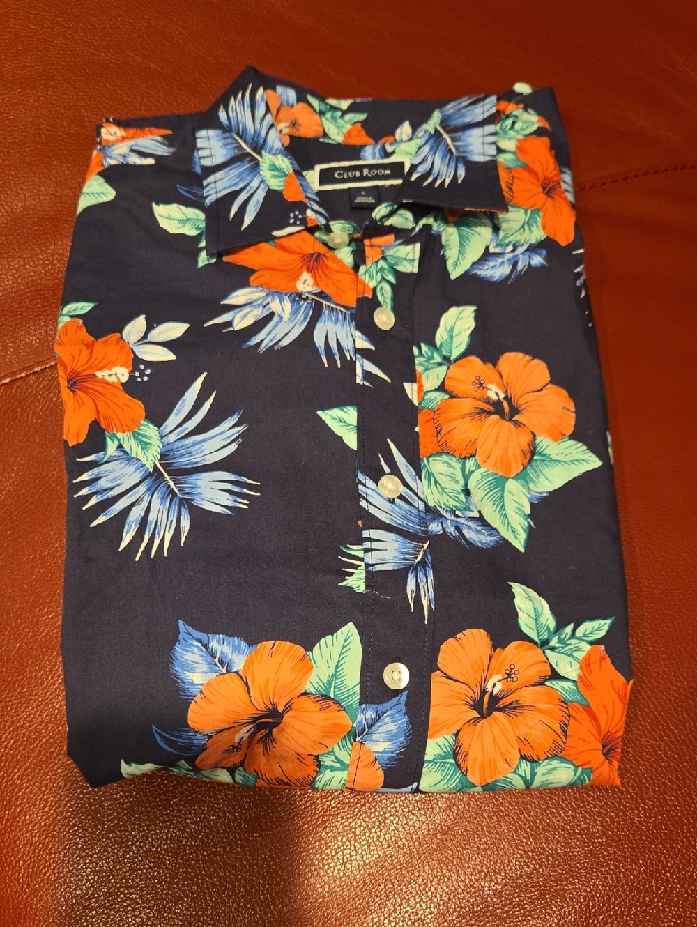 Club Room Navy Floral Camp Shirt with Orange & Blue Leaves